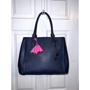 KOOKAI Navy Faux Leather Satchel Bag With Charms Double Handles Pink Flower